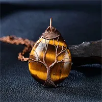 New Style Wire Wrapped Tree of Life Natural Aventurine Gemstone Teardrop Pendant Necklace Hand Made Healing Crystal Chakra Jewelry for Girl