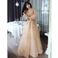 Ethnic Clothing Host Evening Dress Female Temperament Banquet 2022 Autumn Champagne Color Long Style Elegant And Sexy Look Thin