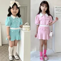 2022 Kids princess clothing sets summer girls lapel puff sleeve shirt+falbala skirt 2pcs lady style children outfits Q5910