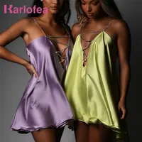 Karlofea Sexy Summer Dress Diamates Chain Strap Doule Layers Satin Mini Dresses For Women Vacation Outfits Club Party Clothing 220330