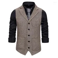 Men Suit Vest 2022 Fashion Koreaanse meerdere zakken Herringband Tweed Mens Waistcoat Formele zakelijke zakelijke zakelijke mouwloze jas herenvesten