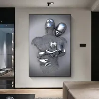 Schilderijen 3D Love Heart Gray Art Painting on Canvas Metal Figuur standbeeld Posters en prints Wandfoto's voor woonkamer Home Decor