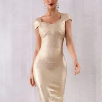 Adyce Summer Gold Lundage Dress Women Vestido Sexy Short Sleeve Bodycon Club Dress Midi Celebrity Evening Party Dresses 220509