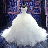 Luxury Beaded Embroidery Bridal Gowns Princess Gown Sweetheart Corset Organza Ruffles Cathedral Ball Gown Wedding Dresses Cheap2602