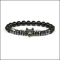 New Men Sier Bracelet Bangles Wholesale 10Pcs Lot Stainless Steel Wolf Bracelets With 8Mm Stone Beads Beaded Jewelry For Gift Drop Delivery