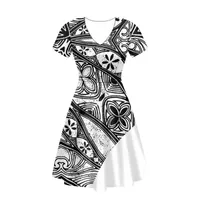 Casual Dresses Polynesian Tribal Clothing Samoan Tapa Flower Print för kvinnor Summer Short Sleeve Pleated Corset Dress Ladiescasual