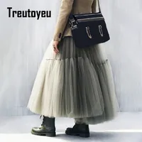 Treutoyeu Goth Maxi Long Skirts for Women Fairy Grunge Pleated Tulle Skirt Black Pink White Gothic Clothes Korean Fashion 220611