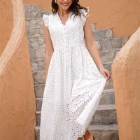 Marwin Long Simple Disual Solid Hollow Out Pure Cotton Holiday Style High Weist Fashion Mid Calf Summer Dresses Vestidos 220629