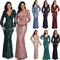 Sexy Vneck Mermaid Evening Dress Long Formal Prom Party Gown Full Sequins long Sleeve Galadress Vestido Dresses 220713
