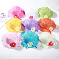 Children sunhat visor baby girl floral ribbon straw hat kids summer beach hats flower sun hats