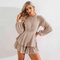 O Neck Lantern Sleeve Autumn Winter Wide Lef Ruffes Romper Overalls Women Casual Spring Thick Romper Short Jumpsuit L220714