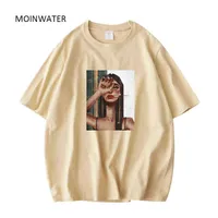 Moinwater 2021 Neue abstrakte Druckt-Shirts für Frauen Khaki Grüne Baumwolle Kurzarm Summer Tops Dame übergroße Tees MT21039