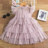 Sweet Girls star sequins gauze dresses summer kids lace falbala fly sleeve tiered tulle cake dress children princess clothings A72218D