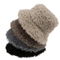 New Outdoor Warm Lamb Faux Fur Bucket Hat Black Solid Fluffy Fishing Cap Lovely Plush Warm Fisherman Hat Women Winter273l