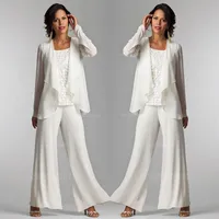 2020 Ivory White Chiffon Lace Lady Mother Pants Suits Mother of The Bride Groom With Jacket Elegant Women Party Dresses Trouser304L