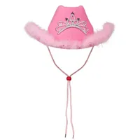 Hat de cowboy de style occidental Pink Women Girls Birthday Party Caps avec plumes décoration Crown Tiara Night Club Cowgirl Hats