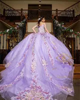 Lavendel Lilac Beaded Puffy Ball Gown Quinceanera Klänningar Pärlor Lace-up Corset Sweet 16 Dress Pageant Gowns Vestido de 15 Anos XV