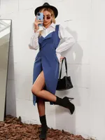 Lässige Kleider Simplee Gurt Slim V-Ausschnitt ärmellose Gesamtkleid Frauen A-Line-Taschenhülle Maxi Blau sexy weibliche Herbst vestidocasua