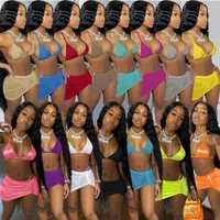 2022 Summer Women Fashion Sexy Color Color Bikini V Sect Sling Sling Sling Короткая юбка 15 цветов с тремя частями.