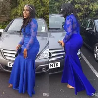 New Royal Blue Sheer Long Sleeves Long Long Dresses 2022 Fashion Lace Heappiques Cheap Mermaid Prom Dresses Long Party Virts for Black Girls B0518215