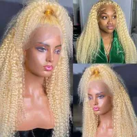 Nxy Wigs 613 Blonde Kinky Curly Frontal Colored Remy Lace Front Synthetic Hair for Women220701