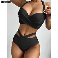 RISEADO PUSH Up Bikini High Taille Badeanzüge verdrehte Badebekleidung Frauen ausschneiden Biquini Neckholder Badeanzug Solid Beachwear 220608