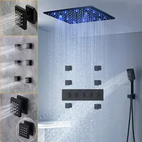 バスルーム20インチブラックマッサージ雨LEDシャワーパネルヘッド蛇口セットサーモスタットミキサーダイバーター付きボディジェットスプレー300I