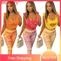 Women's Two Piece Pants 6sets Wholesale Items For Business Fashion Print Leggings Outfits Sexy Crop Top Pieces Set Women Tracksuit B9809Wome