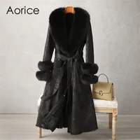 Pudi New Luxury Women Women Genuine Rabbit Fur Coat com Fox Collar Long Jacket Ct186