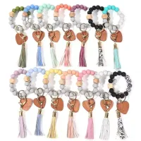 14 Colors Valentines Day Love Wood Chip Silicone Bead Bracelet Keychain Party Favor Wristlet Key Chain Tassels Handchain Keys Ring