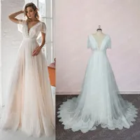 Deep V-Neck Lace Wedding Dress Polka Dots Tulle Custom Made Short Flutter Sleeve Low Cut Back Beach Boho Bridal Gown