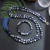 Hänge halsband 8mm naturlig blomma blå sodalit pärlor knuten mala halsband 108japamala meditation yoga anda smycken män och kvinnor ros