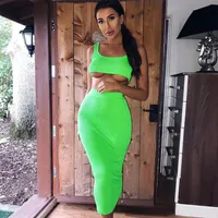Dulzura Neon Ribbed Tritted Women Two Piece Matching Co Ord Set Crop Top jupe midi Sexy Festival Party Summer Vêtements 220629