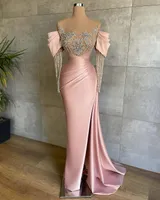 Robes de soirée rose sexy rose sur l'épaule illusion manches longues robes de bal à haute fête formelle divisée