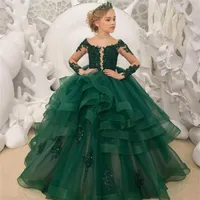 2021 Dark Green Lace Flower Girl Dresses Long Sleeves Beaded Ball Gown Sheer Neck Tulle Lilttle Kids Birthday Pageant Weddding Gow2807