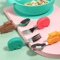 Baby Gadgets Tableware Set Children Utensil Rostfritt stål Småbarn Cotlary Cutlery Cartoon Spädbarn Mat Feed Spoon Fork 220618