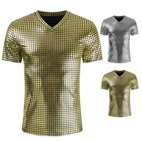 남성용 티셔츠 골드 실버 격자 무늬 금속 나이트 클럽웨어웨어웨어웨어 섹시한 새로운 디스코 파티 무대 Tshirts 남자 슬림 피트 V 목 티셔츠 옴므