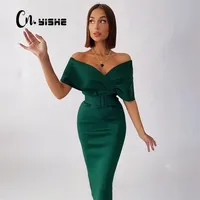 Cnyishe Elegant Party vneck에서 여자를위한 어깨 드레스 오프 여성 ES 패션 하이 허리 섹시한 꽉 초록색 여자 생일 220602