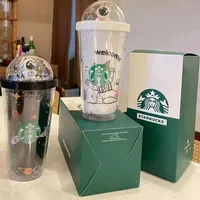 2022 tazza Starbucks a doppia strato a doppio strato di bicchieri trasparenti tazza di paglia tazza di paglia tiktok sirena riutilizzabile che beve tazze d'acqua fredda in plastica a fondo piatto tazze regalo