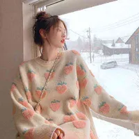 النساء هوديي بيرزيك aardbei straat zoete en leuke ronde hal trui vrouwen nieuwe koreaanse versie van losse warme gebreide top kawaii y2k 220421