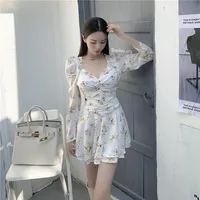 Fairy Women Floral Print Dresses Long Sleeve Sweet Japan Style Kawaii Elegant Korean Mini Casual Dress298V