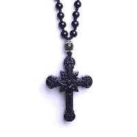 Pendant Necklaces Obsidian Crucifix Black Natural Stone Jesus Christ On The Cross For Men Women Christian Religious JewelryPendant