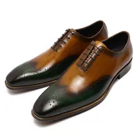Chaussures habillées Taille 41-48 Handmade Mens Wingtiptip Oxfords Green Camel Veale de veau en cuir classique Men de mariage