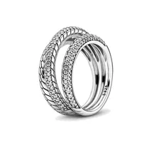 Gioielli raffinati autentici 925 anello in argento sterling fit pandora fascino triplo fascia a fascia pavimentazione a catena di serpente fidanzamento anello nuziale fai -da -te308s