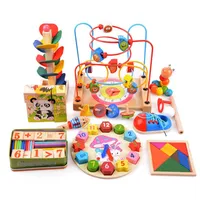 14pcs set Wooden Counting Three-Dimensional Jigsaw Round Circles Bead Wire Maze Roller Coaster Toy Child Baby Early Educational To2212