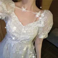 Casual Dresses Summer Butterfly Tie Fairy Princess Dress 2022 Sequin Mesh Sweet Girl Puff Sleeve For Women Short Prom DressCasual