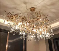 Modern LED Branch Crystal Copper Seirp Chandeliers Water Drops Luxury Ceiling Chandelier Lighting Tree Pendant Suspension Lights