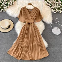 Belted Short-sleeve Dress Women&#039;s Solid Color V-neck Lace-up Waist Slim Pleated Office Lady Vestidos De MujerCasual