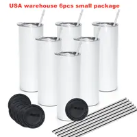 USA Warehouse 6pcs 20oz sublimação em branco Tumbler magro com palha de plástico e palha de metal tampa inferior de silicone