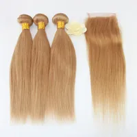 Straight Weave 7A Brazilian Virgin Hair 3 Bundles with Lace Closure Part Mixed Size Length Perfect for 27# Color Hair Weft233R